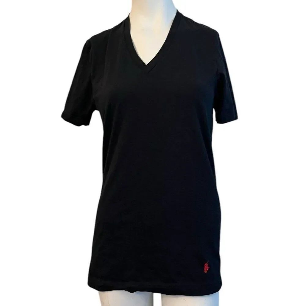 Polo Ralph Lauren Ladies Small Black V Neck T Shirt Red Embroidered Pony Logo